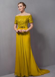 Dynamic Yellow Mother of Bride Dresses Prom and Party with Lace Off The Shoulder Short Sleeves Sweep Train Zipper