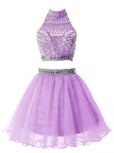Lilac Organza Zipper Quinceanera Court of Honor Dress Sleeveless Knee Length Beading