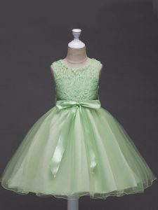 Sleeveless Tulle Knee Length Zipper Pageant Dress Wholesale in Yellow Green with Lace and Belt
