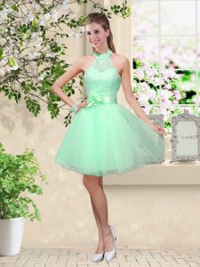 Elegant Sleeveless Tulle Knee Length Lace Up Damas Dress in Apple Green with Lace and Belt