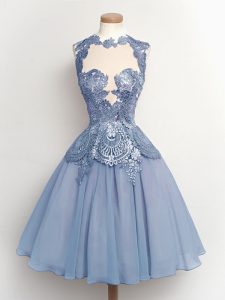 Captivating High-neck Sleeveless Lace Up Damas Dress Light Blue Chiffon