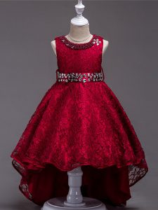 Wine Red Lace Lace Up Scoop Sleeveless High Low Pageant Gowns For Girls Beading