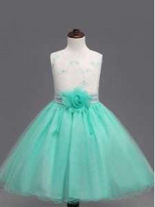 Attractive Knee Length Apple Green Pageant Dress for Teens Organza Sleeveless Appliques and Hand Made Flower