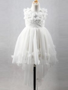 A-line High School Pageant Dress White Scoop Tulle Sleeveless High Low Lace Up