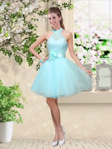 Pretty Aqua Blue A-line Tulle Halter Top Sleeveless Lace and Belt Knee Length Lace Up Quinceanera Dama Dress