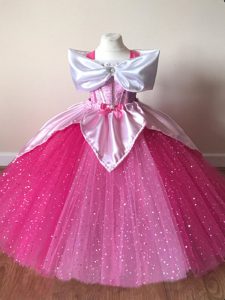 Super Tulle Off The Shoulder Short Sleeves Zipper Sequins Kids Pageant Dress in Fuchsia