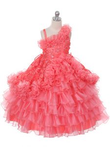 Dazzling Watermelon Red Asymmetric Lace Up Lace and Ruffles and Ruffled Layers Winning Pageant Gowns Sleeveless