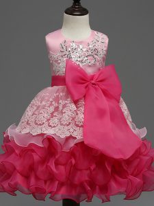 Organza Sleeveless Tea Length Pageant Dress for Teens and Lace and Ruffled Layers and Bowknot
