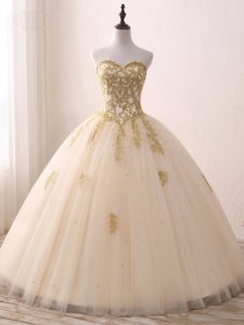 Popular Champagne Tulle Lace Up Sweetheart Sleeveless Floor Length 15th Birthday Dress Beading and Lace and Appliques
