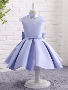 Modern Lavender Cap Sleeves Knee Length Beading and Bowknot and Belt Zipper Little Girls Pageant Dress