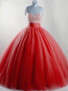 Floor Length Red Vestidos de Quinceanera Tulle Sleeveless Beading