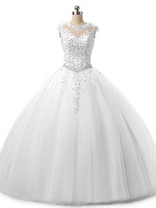 White Ball Gowns Tulle Scoop Sleeveless Beading and Lace Floor Length Lace Up Sweet 16 Quinceanera Dress