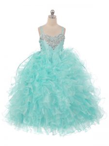 Organza Straps Sleeveless Lace Up Beading and Ruffles Pageant Gowns For Girls in Aqua Blue