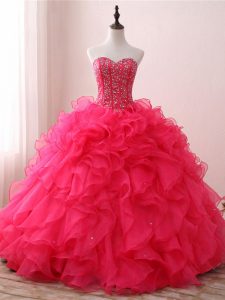 Glorious Hot Pink Sleeveless Beading and Ruffles Floor Length 15 Quinceanera Dress