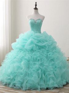 New Style Apple Green Ball Gowns Beading and Ruffles and Pick Ups Vestidos de Quinceanera Lace Up Organza Sleeveless Floor Length