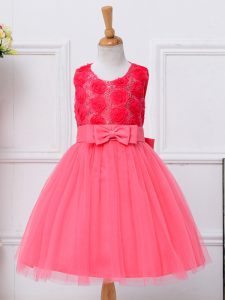 New Arrival Tulle Scoop Sleeveless Lace Up Bowknot Pageant Dress Womens in Hot Pink