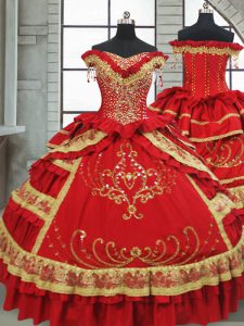 Satin and Taffeta Off The Shoulder Cap Sleeves Zipper Beading and Embroidery and Ruffled Layers 15 Quinceanera Dress in Red