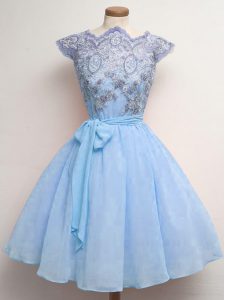 Captivating Blue A-line Scalloped Cap Sleeves Chiffon Knee Length Lace Up Lace and Belt Dama Dress