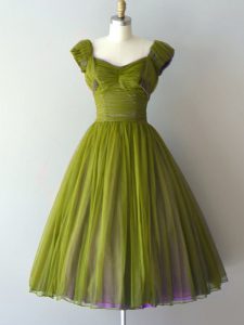Cute Olive Green V-neck Lace Up Ruching Dama Dress for Quinceanera Cap Sleeves