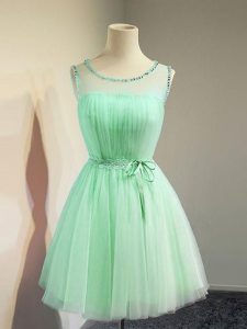 Eye-catching Apple Green Empire Scoop Sleeveless Tulle Knee Length Lace Up Belt Court Dresses for Sweet 16