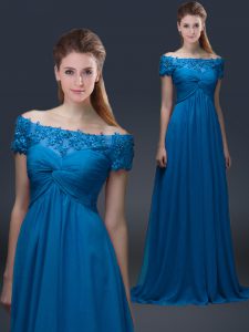 Spectacular Royal Blue Chiffon Lace Up Mother Of The Bride Dress Short Sleeves Floor Length Appliques