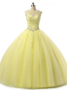 Scoop Sleeveless Tulle Vestidos de Quinceanera Beading and Lace Lace Up