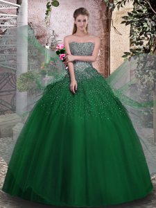 Fashion Dark Green Tulle Lace Up Strapless Sleeveless Floor Length Sweet 16 Quinceanera Dress Beading