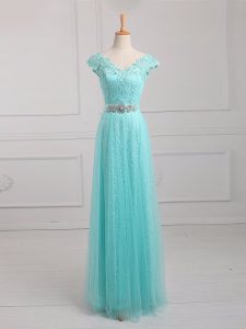 High Class V-neck Cap Sleeves Mother of the Bride Dress Floor Length Beading and Appliques Aqua Blue Tulle and Lace