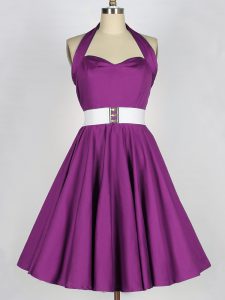 Fashionable Purple Damas Dress Prom and Party and Wedding Party with Belt Halter Top Sleeveless Lace Up