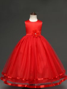 Fancy Scoop Sleeveless Pageant Gowns Floor Length Hand Made Flower Red Tulle