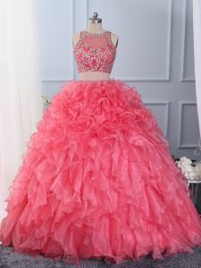 Captivating Floor Length Hot Pink Ball Gown Prom Dress Organza Sleeveless Beading and Ruffles