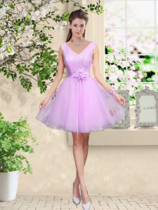 Elegant Lilac V-neck Lace Up Lace and Belt Vestidos de Damas Sleeveless