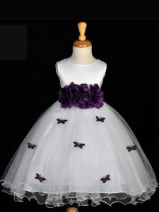Sweet White Scoop Neckline Appliques and Bowknot and Hand Made Flower Girls Pageant Dresses Sleeveless Zipper
