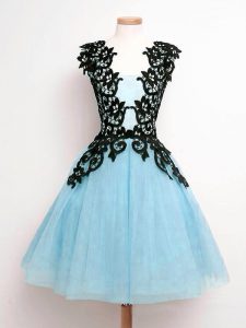 Sumptuous Aqua Blue A-line Lace Damas Dress Lace Up Tulle Sleeveless Knee Length