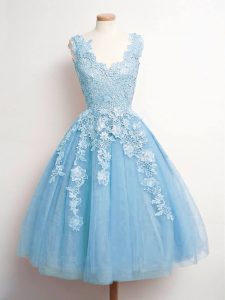 Fancy Sleeveless Lace Up Knee Length Lace Quinceanera Court of Honor Dress