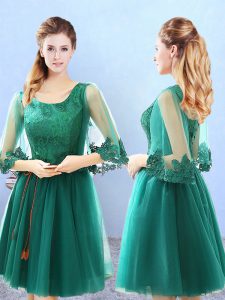 Fancy Lace and Appliques Court Dresses for Sweet 16 Green Lace Up 3 4 Length Sleeve Knee Length