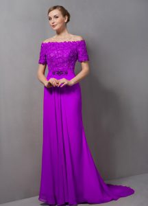 Custom Designed Purple Short Sleeves Sweep Train Lace Mother Of The Bride Dress
