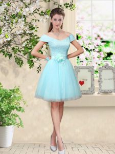 Wonderful Aqua Blue Tulle Lace Up Dama Dress for Quinceanera Cap Sleeves Knee Length Lace and Belt