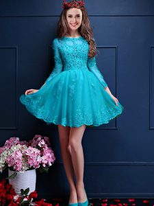 Customized Aqua Blue A-line Chiffon Scalloped 3 4 Length Sleeve Beading and Lace and Appliques Mini Length Lace Up Quinceanera Court of Honor Dress