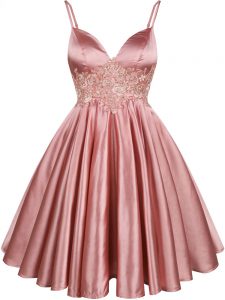 Lovely Knee Length Pink Damas Dress Elastic Woven Satin Sleeveless Lace