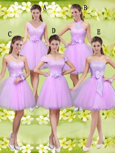 Lilac Sweetheart Lace Up Lace and Belt Quinceanera Court of Honor Dress Sleeveless