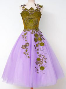 Glamorous Lavender Vestidos de Damas Prom and Party and Wedding Party with Appliques Straps Sleeveless Lace Up
