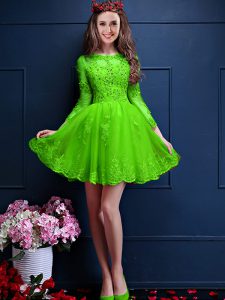 Green 3 4 Length Sleeve Beading and Lace and Appliques Mini Length Quinceanera Dama Dress