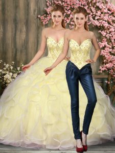 Light Yellow Sleeveless Tulle Lace Up Sweet 16 Dress for Military Ball and Sweet 16 and Quinceanera