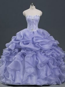 Custom Designed Lavender Organza Lace Up Quinceanera Gowns Sleeveless Floor Length Beading and Ruffles and Pick Ups