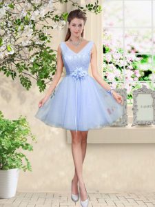 Sleeveless Tulle Knee Length Lace Up Quinceanera Dama Dress in Lavender with Lace and Belt