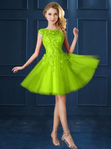 Yellow Green Lace Up Court Dresses for Sweet 16 Lace and Appliques Cap Sleeves Knee Length