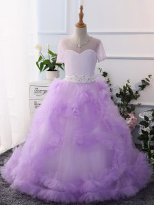 Classical Lavender Kids Formal Wear Wedding Party with Beading Scoop Short Sleeves Clasp Handle