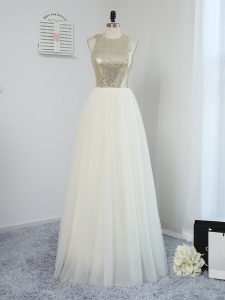 Traditional Light Yellow Scoop Neckline Sequins Quinceanera Dama Dress Sleeveless Backless