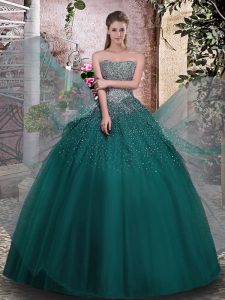 Fabulous Dark Green Ball Gowns Strapless Sleeveless Tulle Floor Length Lace Up Beading Quince Ball Gowns